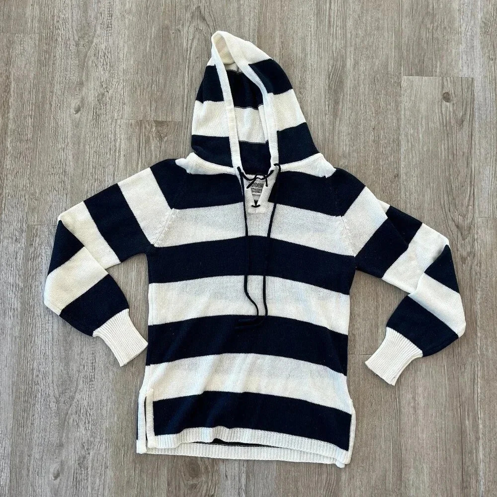 Womens Wooden Nickels Vintage Blue/White Stripe Hooded Sweater - M